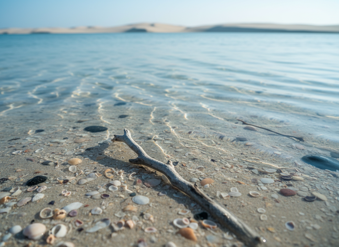 A detailed, cinematic close-up of the shoreline at Casa Laguna in Phan Rang, where fine, pale sand meets a shallow, crystal-clear lagoon. Small ripples create intricate patterns of light refraction on the sandy bottom, dotted with smooth fragments of shell and volcanic stone. A single, weathered driftwood branch lies diagonally in the frame, bleached by sun and sea. Early morning light, cool and soft, grazes the surface, creating subtle highlights on wet sand and delicate shadows in each ripple. Shot from a very low angle with shallow depth of field, the background dissolves into a gentle blur of turquoise and distant dunes, conveying a quiet, meditative connection to this emerging coastal landscape in a refined, photorealistic style.