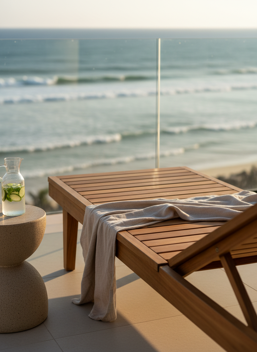 An intimate, cinematic close-up of a minimalist teak sun lounger on Casa Laguna’s terrace, its smooth slats polished by salt air, draped with a light sand-colored linen throw. The lounger faces a glass balustrade that reveals the calm lagoon and distant waves of My Hoa, rendered in soft focus. Late afternoon sunlight glows across the wood, emphasizing grain and subtle imperfections, while the glass railing catches crisp highlights. A low volcanic-stone side table holds a single ceramic carafe of infused water. Shot at eye level with shallow depth of field, the composition centers the lounger, creating a serene, sophisticated atmosphere ideal for quiet coastal retreats, in a clean, cinematic, modern aesthetic.