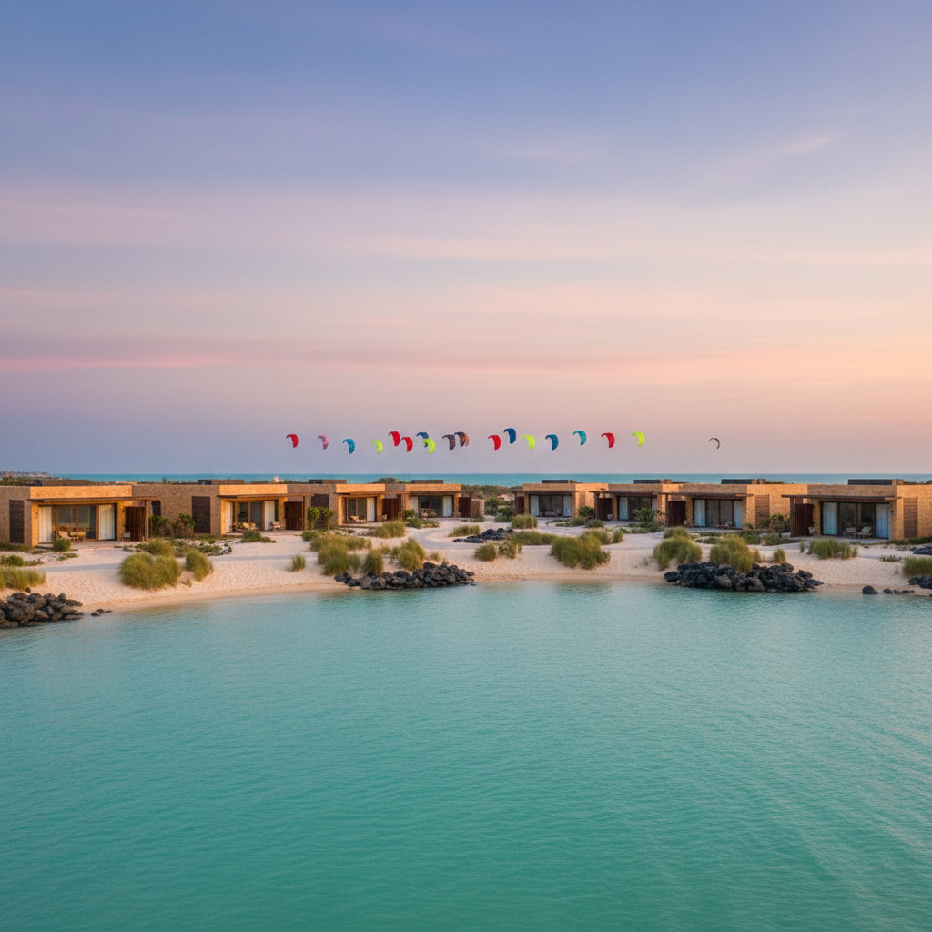 A sweeping cinematic view of Casa Laguna’s beachfront at My Hoa Village, with low-slung contemporary villas in warm sandstone and teak facing a shimmering turquoise lagoon. Their broad glass fronts reflect the pastel tones of an early evening sky. Neatly raked sand paths wind between native dune grasses and volcanic rock. Offshore, a tight line of colorful kites is visible only as soft, abstract shapes on the horizon. Golden hour light casts long, elegant shadows, giving depth to the villas’ clean architectural lines. Captured from a slightly elevated, wide-angle perspective with sharp focus throughout, the composition uses the rule of thirds to balance sea, sky, and architecture. The mood is refined, tranquil, and aspirational, in a cinematic, photorealistic style.