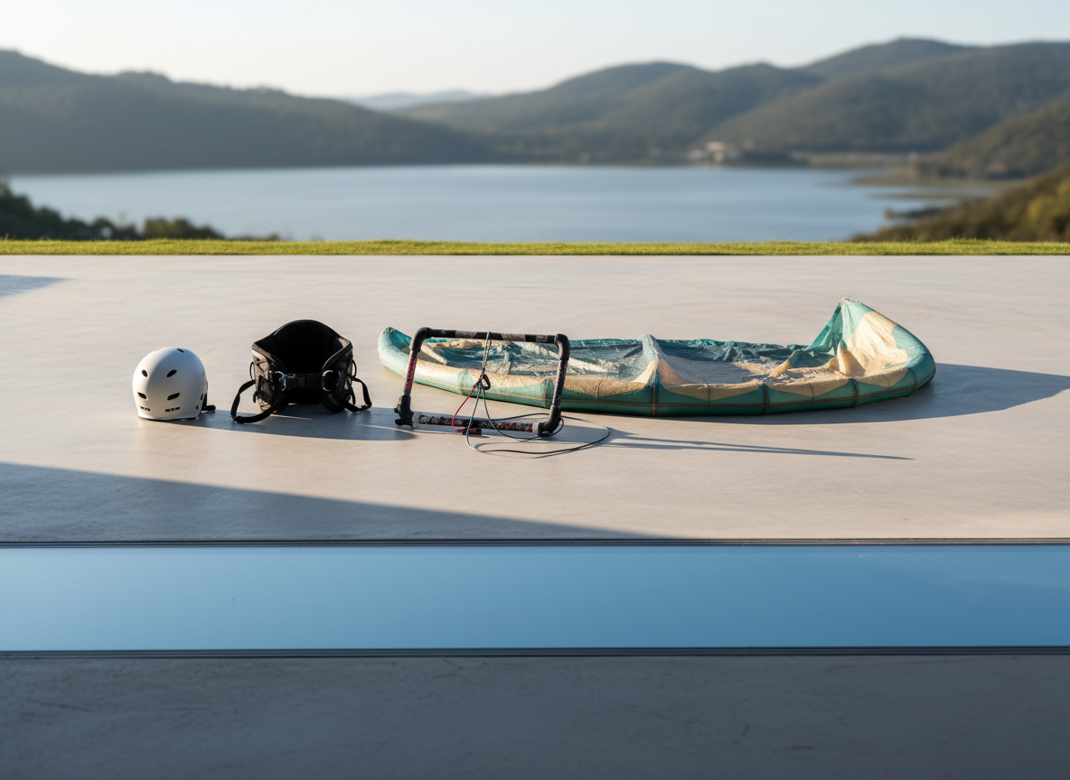 An overhead cinematic view of a sophisticated kite gear setup on a smooth concrete terrace at Casa Laguna, overlooking the soft-focus lagoon. A carefully coiled, high-quality kite bar with color-coded lines lies beside a neatly folded, premium kite in sand, slate, and muted teal tones. A modern helmet and harness with minimal branding are aligned with almost architectural precision. Late afternoon sunlight creates long, clean shadows that emphasize form and geometry, while a strip of reflected sky from a nearby glass door adds a cool highlight across the concrete. The composition is organized and graphic, with strong diagonals and negative space, expressing a refined, performance-oriented kitesurfing culture.