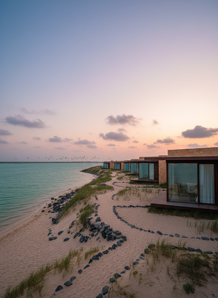 A sweeping cinematic view of Casa Laguna’s beachfront at My Hoa Village, with low-slung contemporary villas in warm sandstone and teak facing a shimmering turquoise lagoon. Their broad glass fronts reflect the pastel tones of an early evening sky. Neatly raked sand paths wind between native dune grasses and volcanic rock. Offshore, a tight line of colorful kites is visible only as soft, abstract shapes on the horizon. Golden hour light casts long, elegant shadows, giving depth to the villas’ clean architectural lines. Captured from a slightly elevated, wide-angle perspective with sharp focus throughout, the composition uses the rule of thirds to balance sea, sky, and architecture. The mood is refined, tranquil, and aspirational, in a cinematic, photorealistic style.