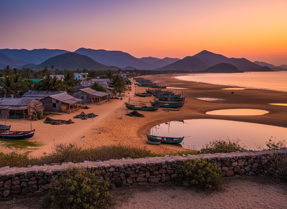A cinematic sunset view of My Hoa Village as seen from Casa Laguna, focusing on the meeting point of traditional coastal life and contemporary design. In the foreground, a low stone wall built from irregular local rock frames a narrow sandy lane lined with wind-sculpted shrubs. Beyond, simple tin-roofed village buildings and slender wooden fishing boats pulled up on the sand are bathed in warm amber and rose light. Inland, rugged hills rise in layered silhouettes. The sky glows with deepening oranges fading into indigo, reflected in calm tidal pools. Captured from an elevated vantage point with a wide lens, the composition balances man-made structures with open landscape, evoking authenticity, quiet dignity, and a sense of place in a cinematic, photorealistic style.