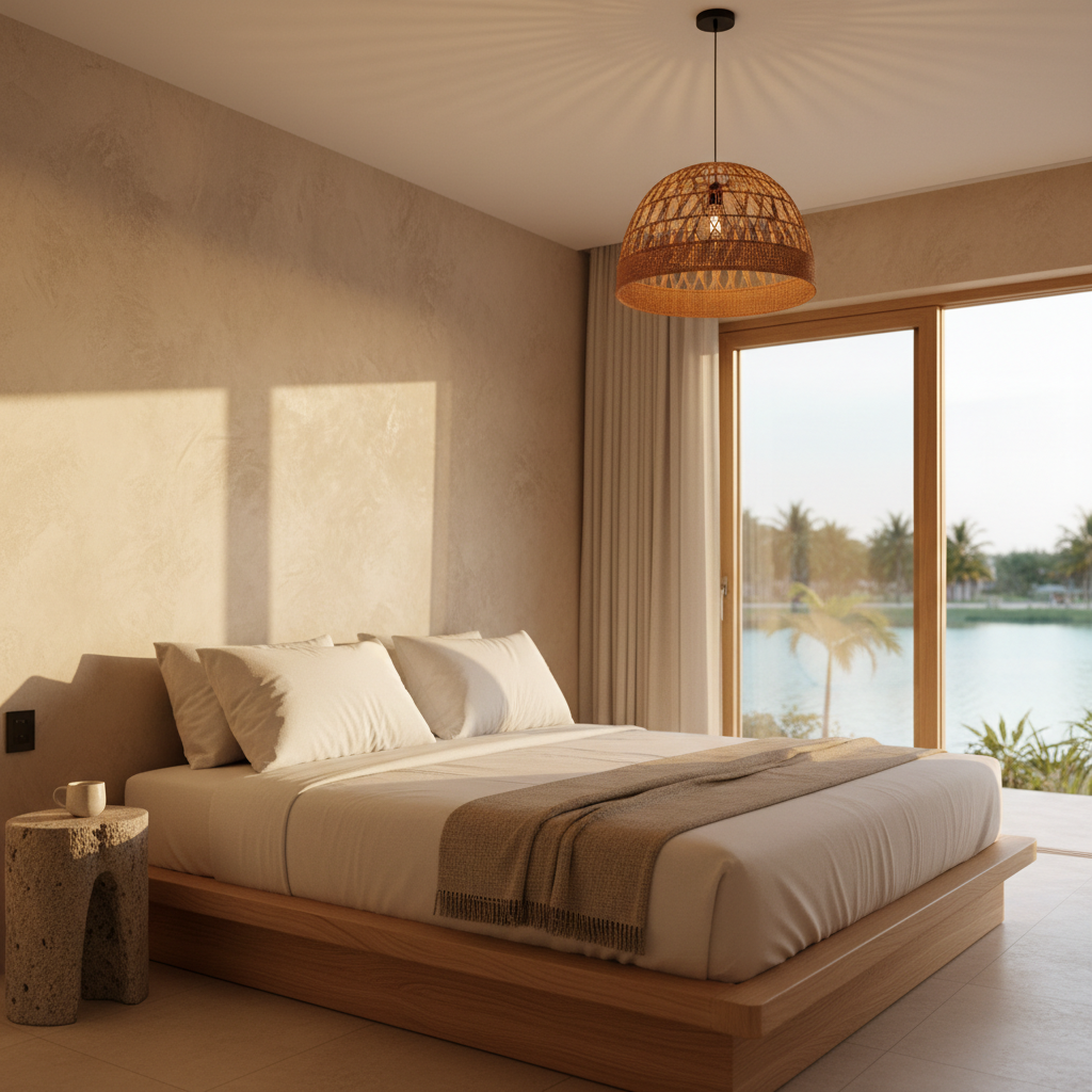 A cinematic interior view of a Casa Laguna villa bedroom in My Hoa, designed with understated coastal luxury. A low platform bed in pale oak is dressed in crisp white linen with a soft, stone-colored throw and oversized pillows. Behind it, a textured plaster wall in warm sand tones catches the late afternoon light streaming through a wide sliding door that opens to a blurred lagoon view. A simple woven pendant casts a gentle glow, its light pattern subtle on the ceiling. At the bedside, a carved volcanic-stone stool holds a single ceramic cup. Shot at eye level with a slightly wide lens, the room feels airy, calm, and meticulously curated, blending modern design with the raw beauty of Vietnam’s central coast.