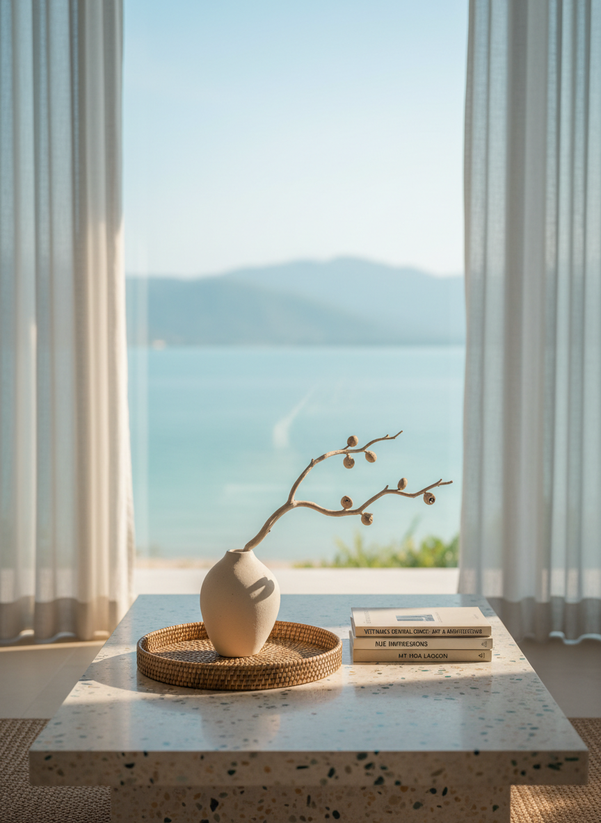 A refined still life inside a Casa Laguna beachfront villa, featuring a low terrazzo coffee table with subtle sea-toned flecks, set before a large floor-to-ceiling window looking out to My Hoa’s lagoon in soft, cinematic blur. On the table, a carefully arranged collection of objects: a handwoven seagrass tray, a matte white ceramic vase with a single coastal branch, a small stack of art books about Vietnam’s central coast. Soft, diffused morning light filters through sheer linen curtains, creating delicate highlights on the terrazzo and gentle shadows along the tray’s woven fibers. Shot from a slightly elevated angle with shallow depth of field, the composition feels curated yet relaxed, conveying sophisticated, contemporary coastal living in a minimalist, cinematic aesthetic.