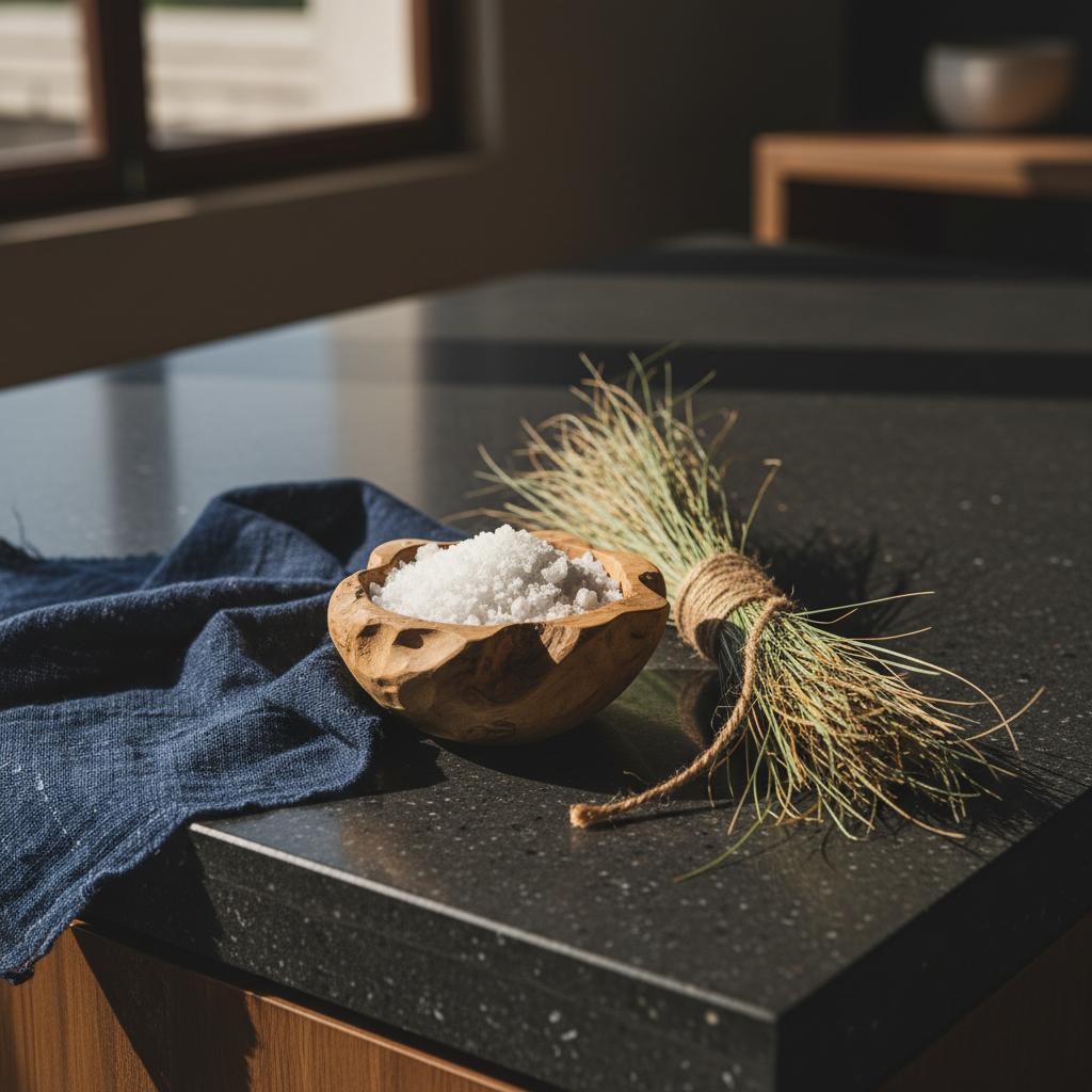 A cinematic, moody close-up of local My Hoa Village textures artfully arranged on a Casa Laguna stone counter. Coarse sea salt piled in a small hand-carved wooden bowl, a bundle of dried coastal grasses tied with natural twine, and a piece of indigo-dyed fabric with subtle handwoven irregularities create a tactile composition. The counter is honed dark basalt, its matte surface catching soft side light from an unseen window. Late afternoon light filters in, creating rich contrast, deep shadows, and gentle highlights along fibers and grain. The background falls into subdued blur, suggesting a refined interior. Shot from a slightly elevated angle, the scene feels authentic, grounded in local craft and landscape, yet presented with contemporary sophistication.