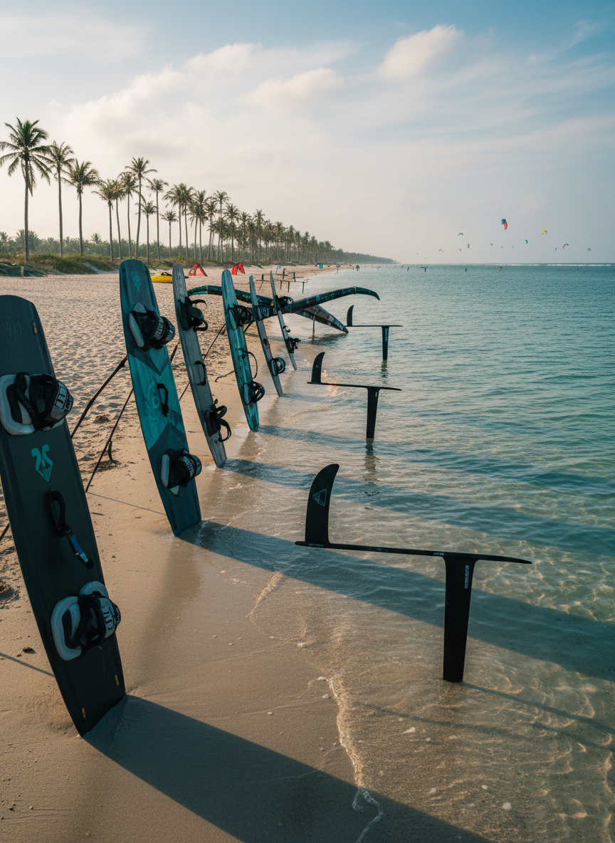 A dramatic low-angle cinematic shot of Casa Laguna’s kite lagoon at Phan Rang, showing a glassy turquoise shallows meeting deeper indigo water. Sleek, advanced twin-tip kiteboards and foil boards rest upright in the sand at the water’s edge, their carbon fiber details and muted matte color palettes highlighted. In the distance, tall, slender palm trees and low dunes frame the bay, while far offshore, tiny silhouettes of kites form a subtle, colorful band under a vast sky. Late morning tropical light creates crisp reflections on the water and precise shadows on the boards. The composition emphasizes the boards in the foreground with the lagoon receding, evoking a sense of poised energy and refined adventure in a cinematic, photorealistic style.