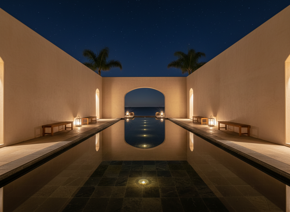A moody, cinematic night-time scene of Casa Laguna’s central courtyard, designed as a sophisticated coastal oasis. A shallow reflecting pool in dark basalt stone mirrors the starry sky and faint outline of palm fronds. Floating along the water’s surface, small recessed LED lights cast soft, golden glows that graze textured plaster walls in warm sand tones. Slim teak benches and low lanterns frame the pool, while a glimpse of the lagoon is visible as a dusky silhouette beyond. Cool, ambient starlight mixes with the courtyard’s subtle architectural lighting, creating layered reflections and gentle shadow play. Shot from a low, symmetrical angle with strong leading lines, the mood is contemplative, luxurious, and quietly dramatic.